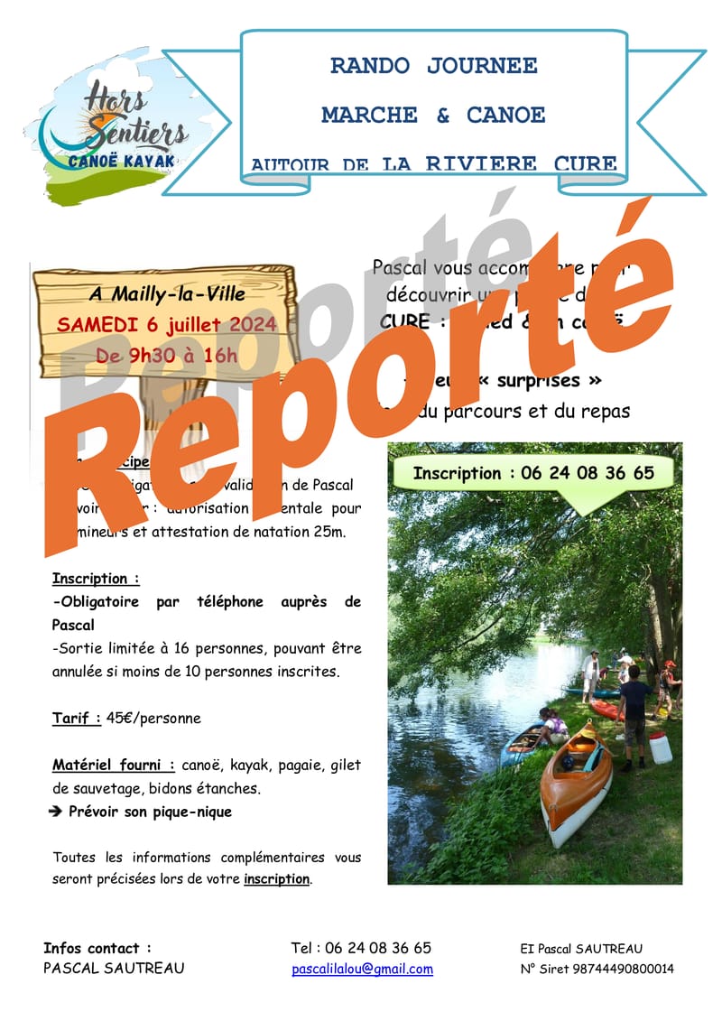 ! REPORTE ! Samedi 6 juillet - Randonnée canoë & marche autour de la Cure