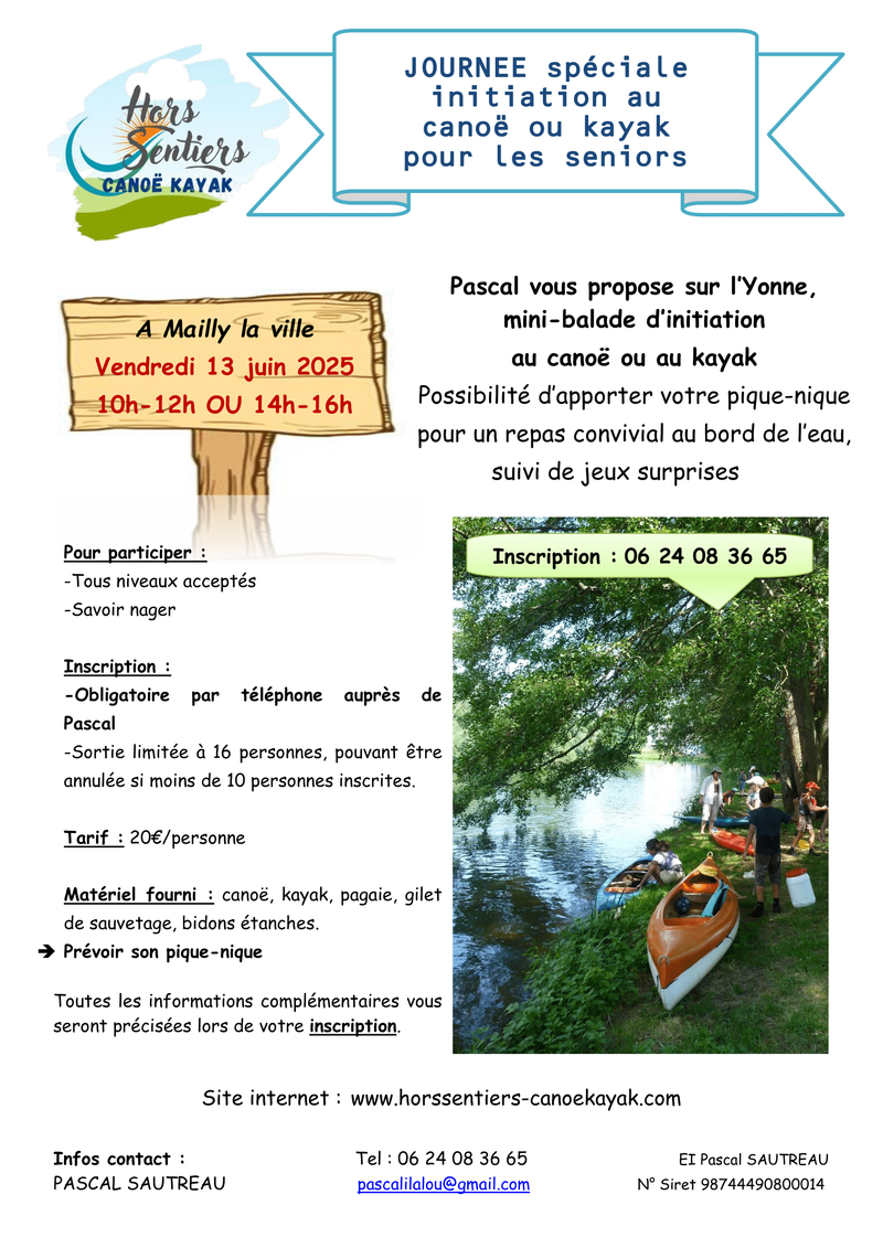Vendredi 13 juin de 10h à 12h ou de 14h à 16h - Initiation au canoë-kayak pour les séniors