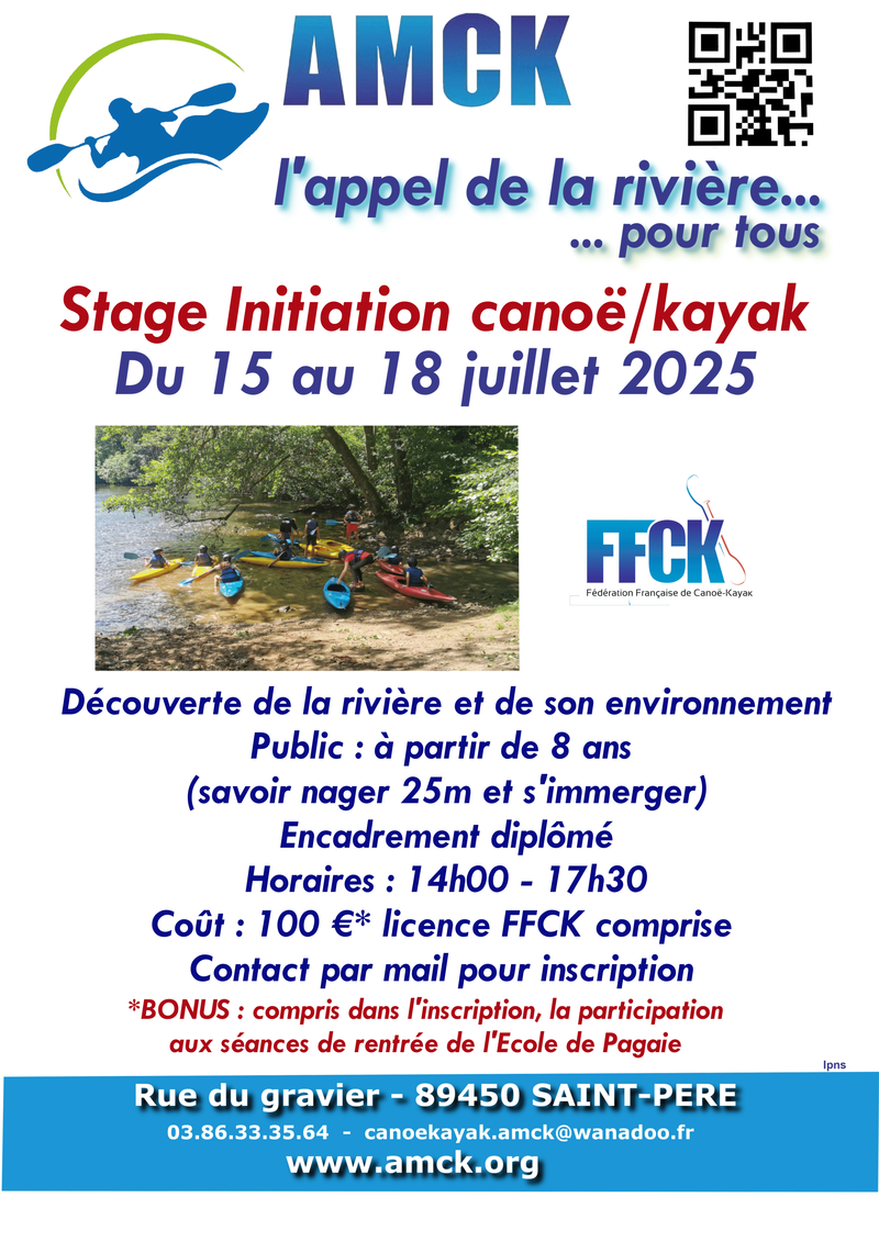Du mardi 15 juillet au vendredi 18 juillet de 14h à 17h30 - Stage d'initiation au canoë kayak - Club de Saint Père sous Vézelay AMCK