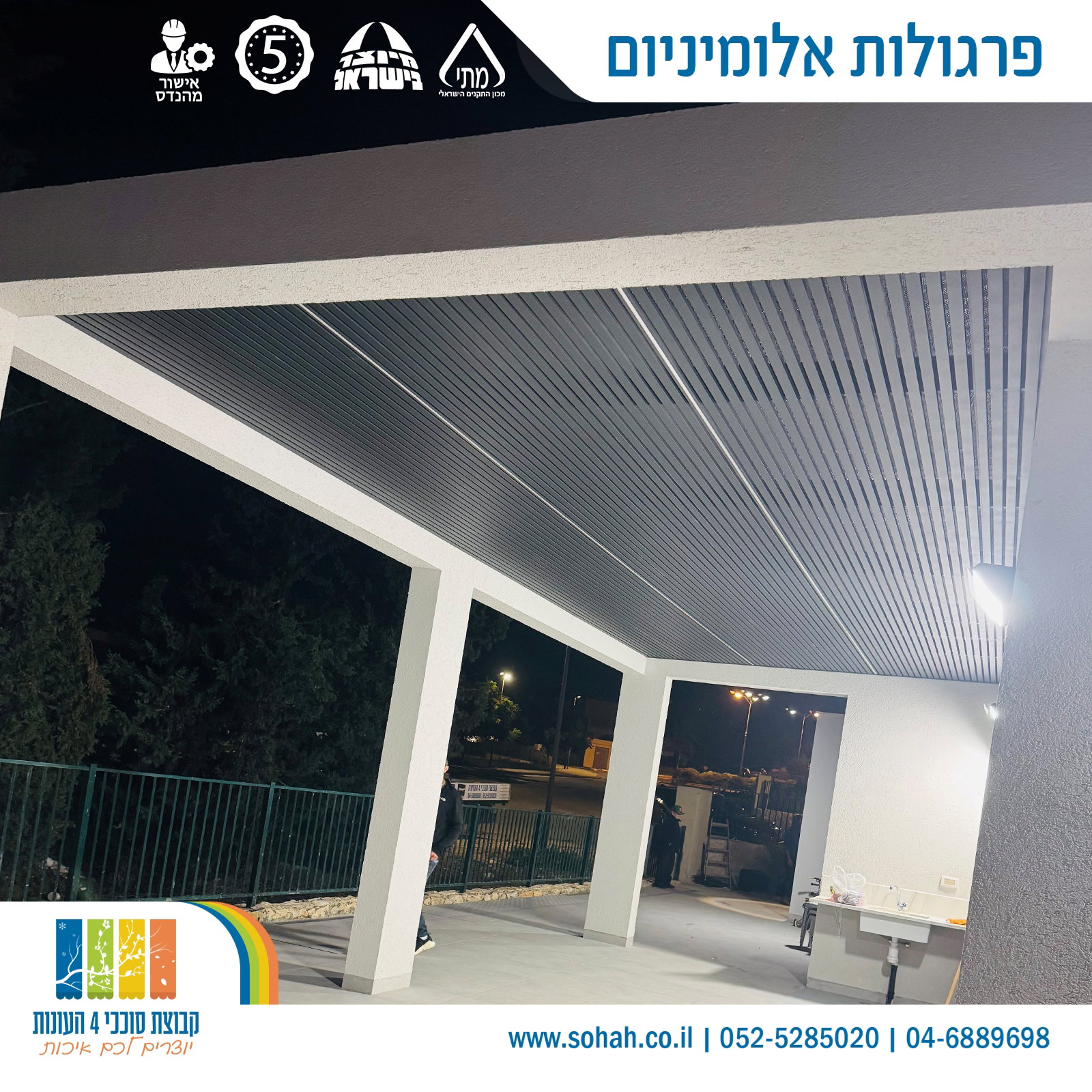 פרגולת אלומיניום לבנה למרפסת מודרנית