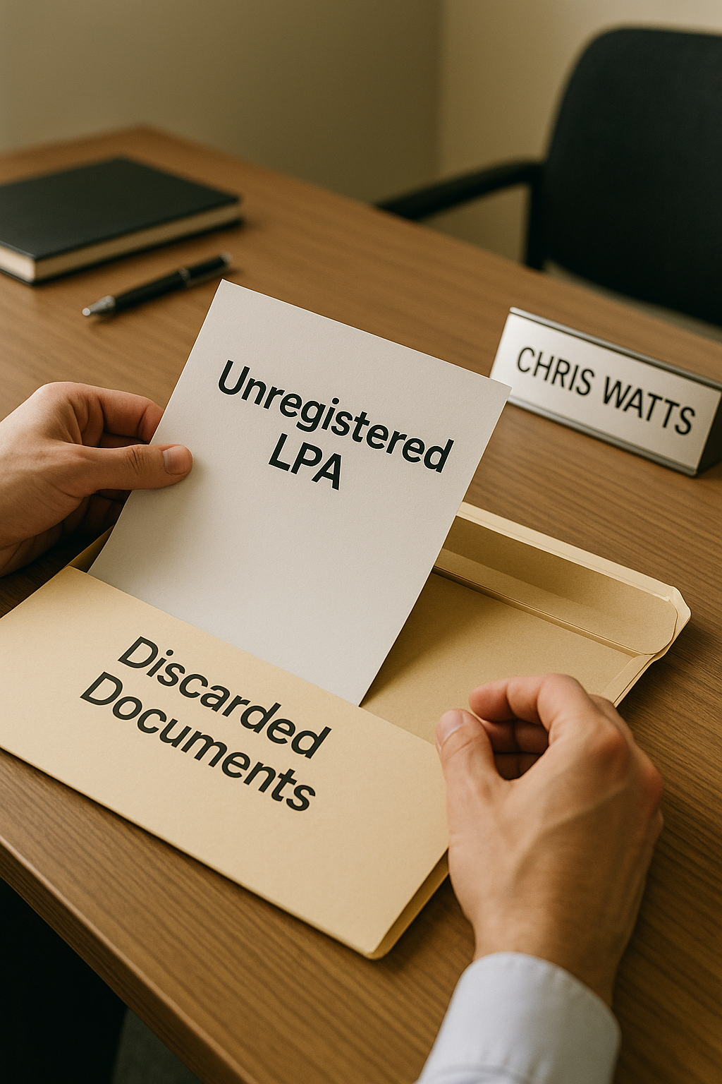 "Unregistered LPA document being placed into a folder labelled Discarded Documents on a professional desk with a Chris Watts name plaque."
