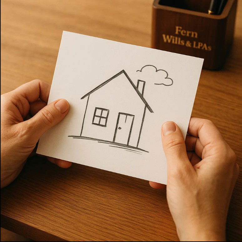 “Hands holding a house sketch, symbolising protecting the family home through a professionally drafted Will.”