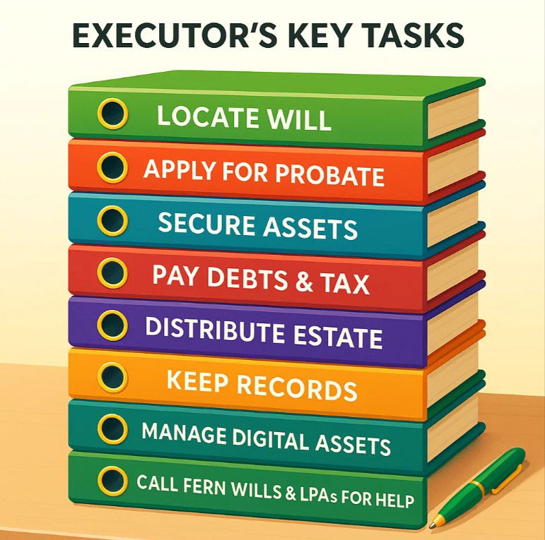 “Illustration of an executor’s key tasks shown as labelled folders on a desk: locate Will, apply for probate, secure assets, pay debts and tax, distribute estate, keep records, manage digital assets, with a final folder reminding families to call Fern Wills & LPAs for help.”