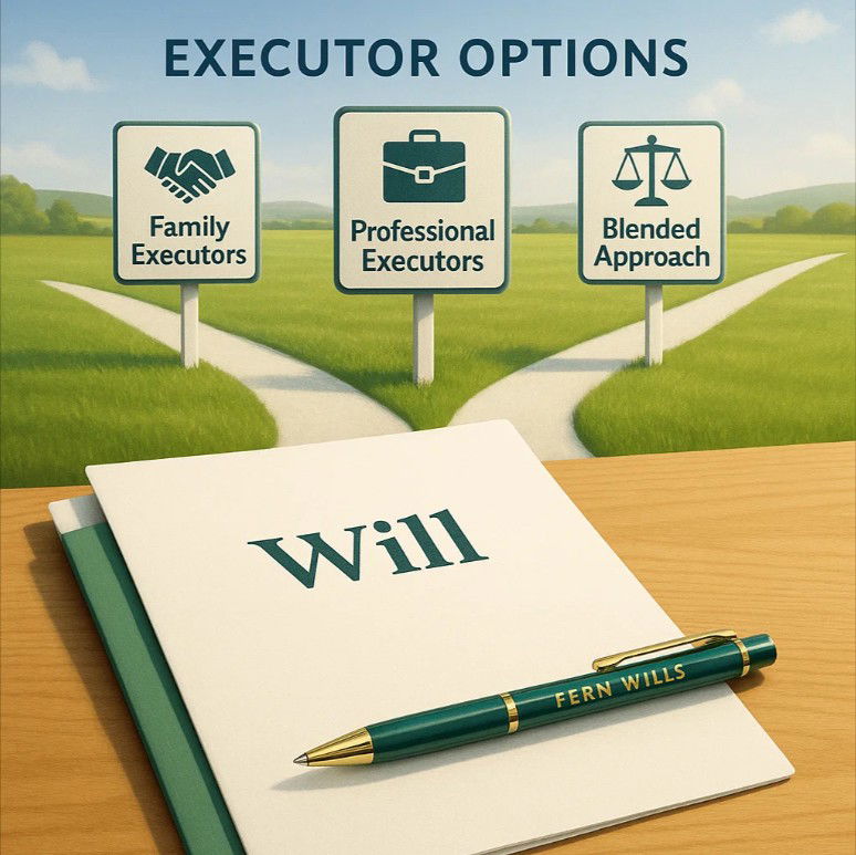 “Photo-realistic illustration comparing executor options. Three pathways lead forward: one labelled Family Executors with a handshake symbol, one labelled Professional Executors with a briefcase symbol, and one labelled Blended Approach with balance scales. In the foreground, paper documents labelled Will and a Fern Wills-branded pen emphasise the choices.”