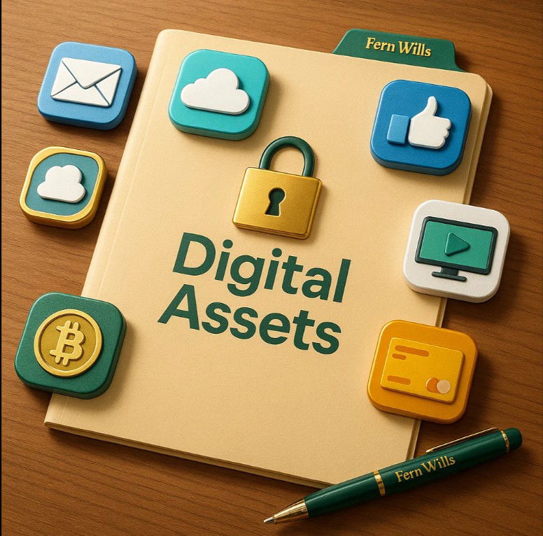 “Photo-realistic illustration of digital assets executors manage. A central secure folder on a desk is surrounded by icons for email, cloud storage, social media, cryptocurrency, loyalty cards, and subscriptions, with subtle Fern Wills branding included.”