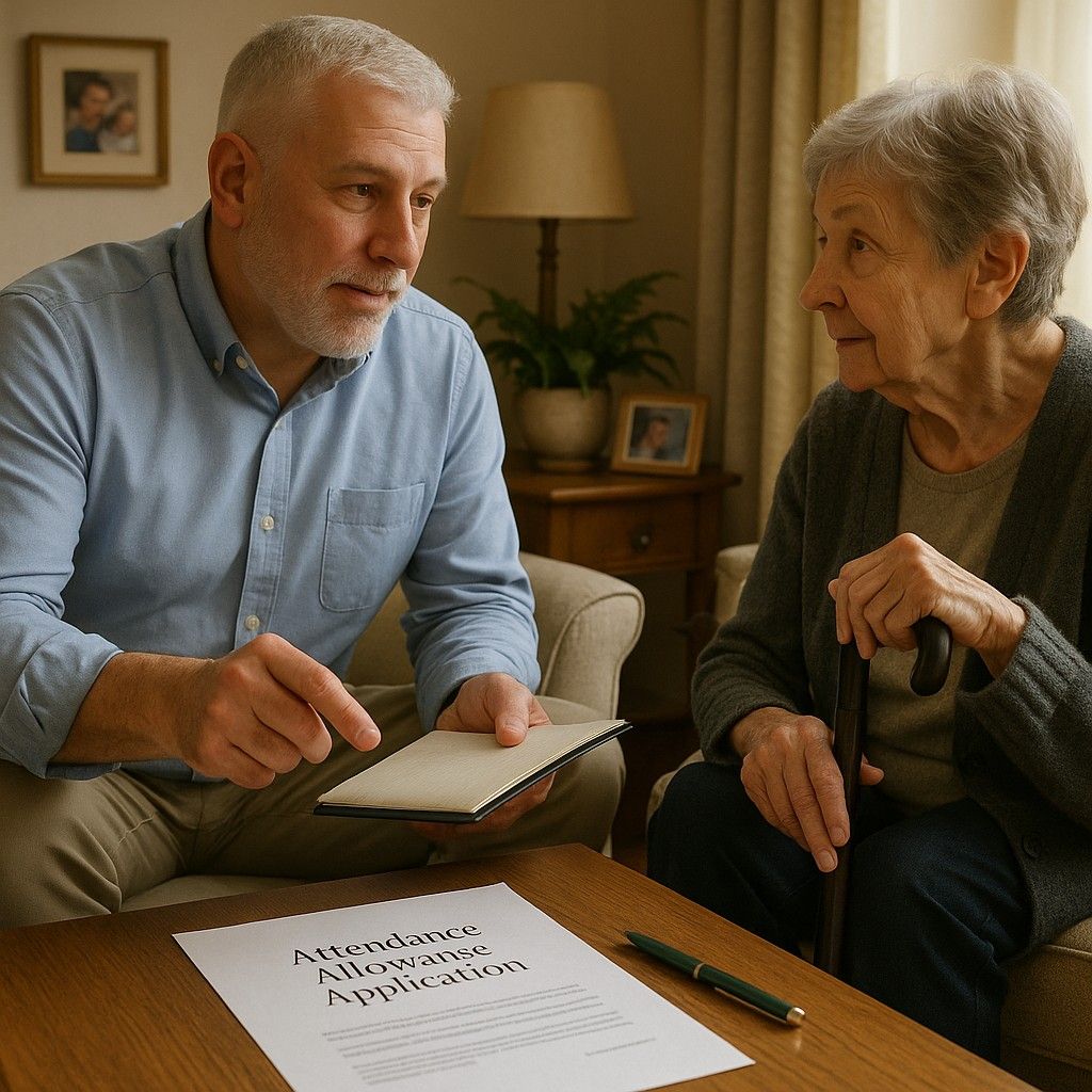 Professional Will Writer visiting an older client at home, discussing her Attendance Allowance application, with a walking stick and paperwork on the table.