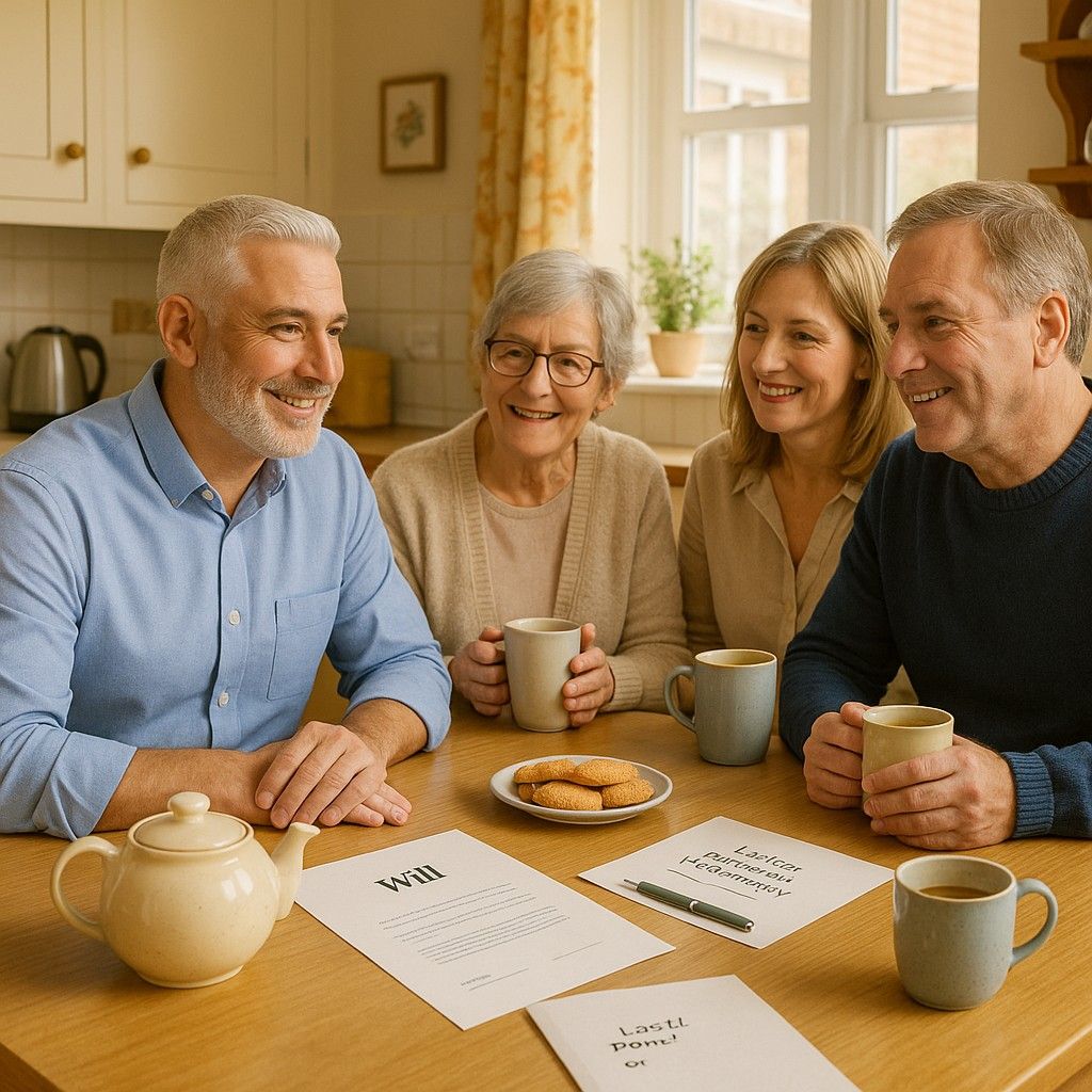 John and Susie sitting with a solicitor and John’s elderly mother at the kitchen table, sharing tea and conversation after arranging Attendance Allowance support.