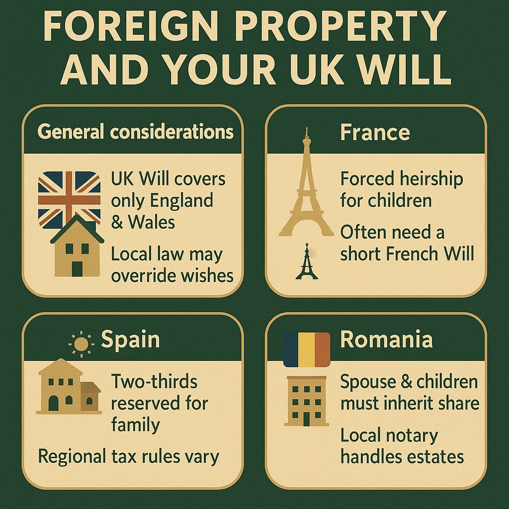 Infographic showing key considerations for including foreign property and assets in a UK Will, with sections on France, Spain and Romania.