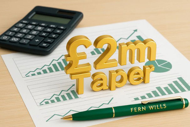 Desk with calculator and gold 3D text £2m Taper, featuring a Fern Wills–branded green and gold pen