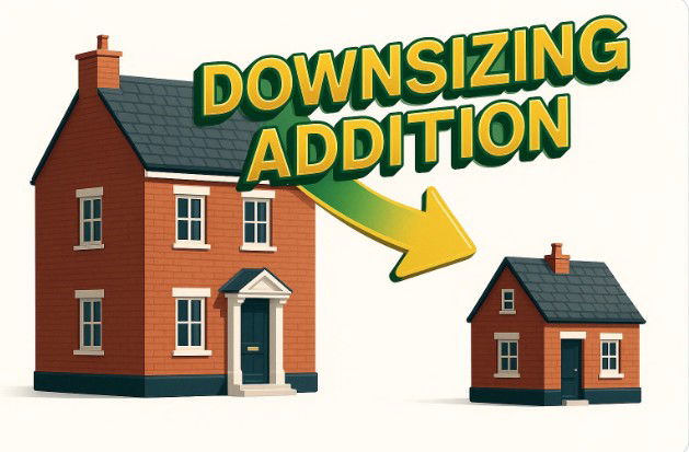 Infographic showing a large house downsizing to a smaller one, with gold 3D text Downsizing Addition.”