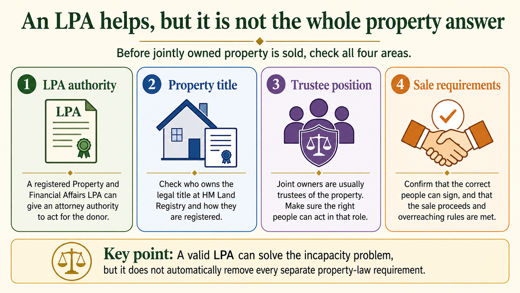Four-step infographic showing the four checks before selling jointly owned property where an owner lacks capacity: LPA authority, property title, trustee position and sale requirements.