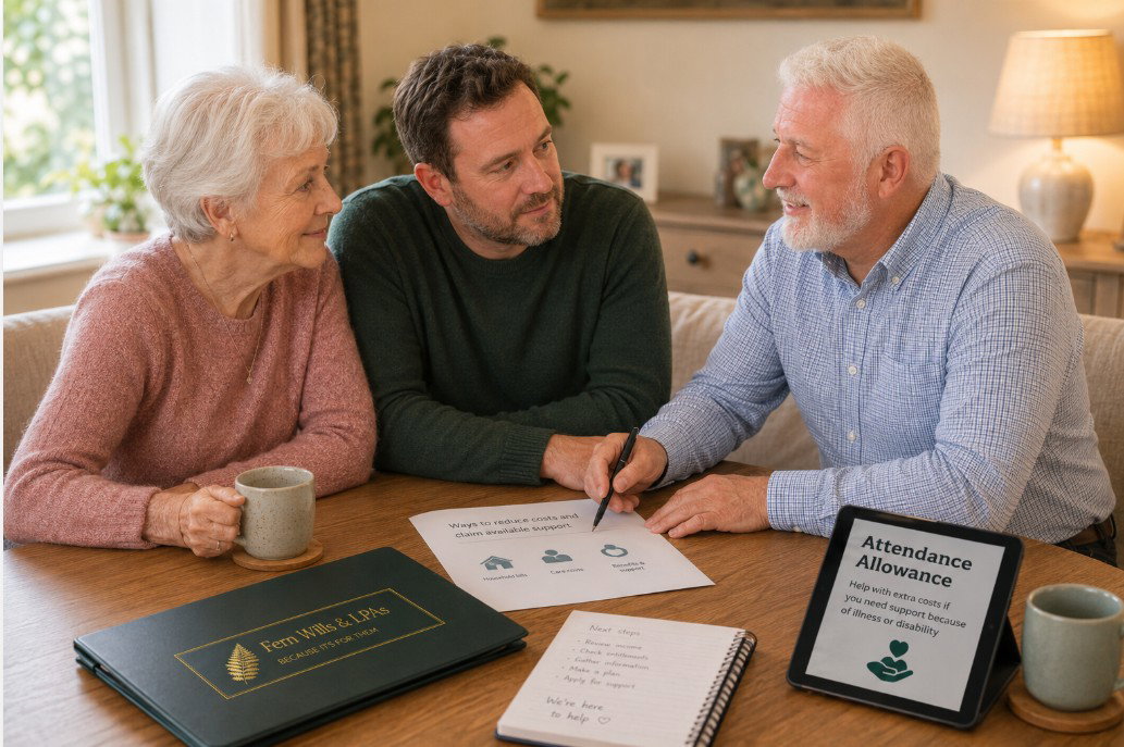 Older couple and relative reviewing Attendance Allowance and household finances.
