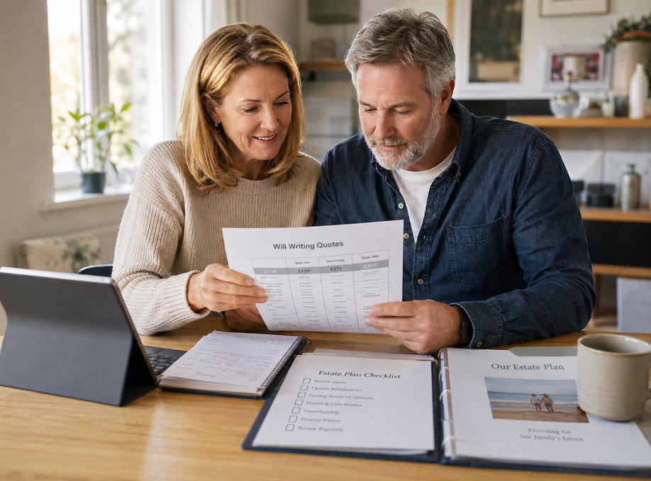 couple reviewing household insurance documents and costs.