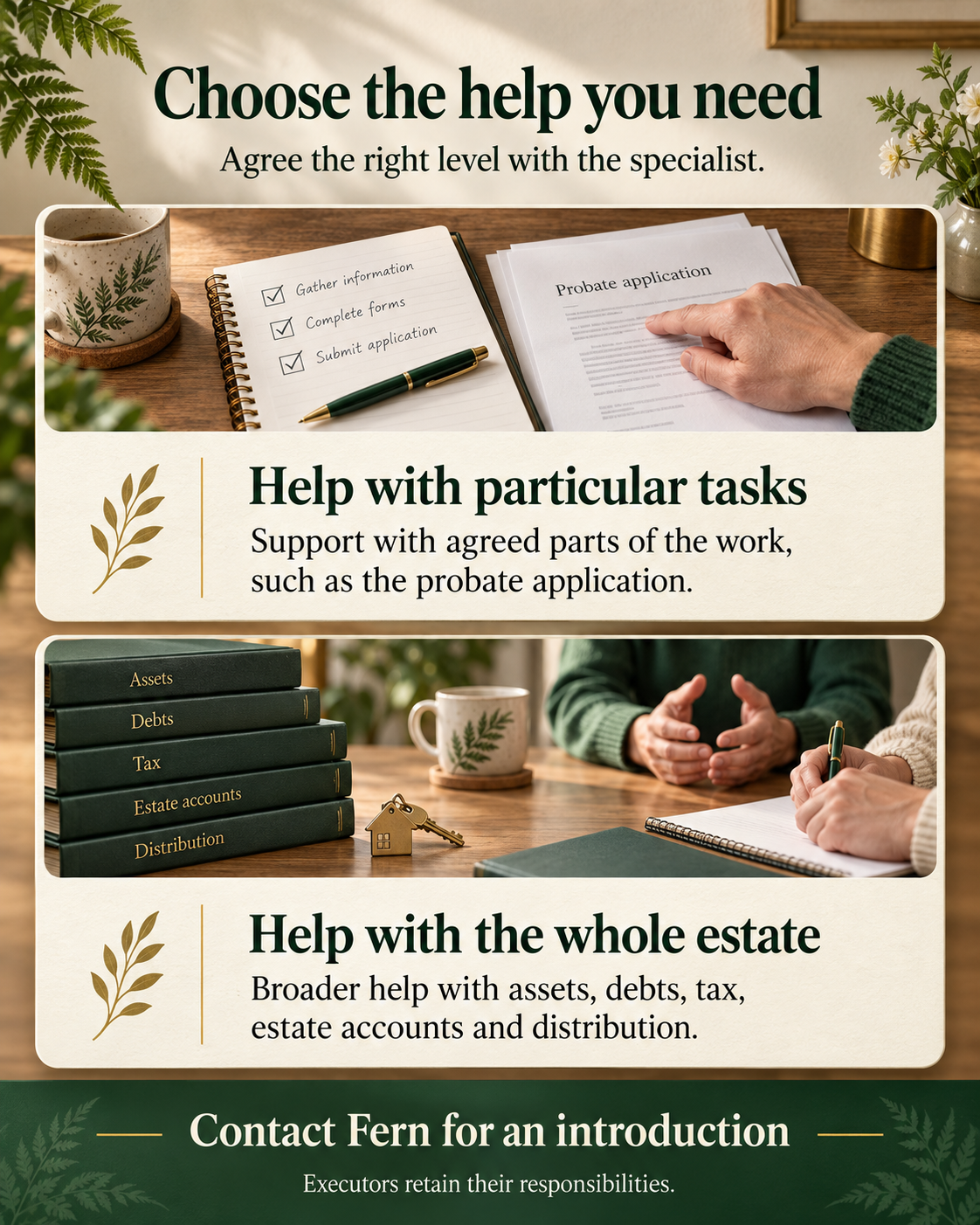 Choose help with agreed tasks or broader estate administration. Agree the scope with the specialist; executors retain responsibilities. Contact Fern for an introduction.