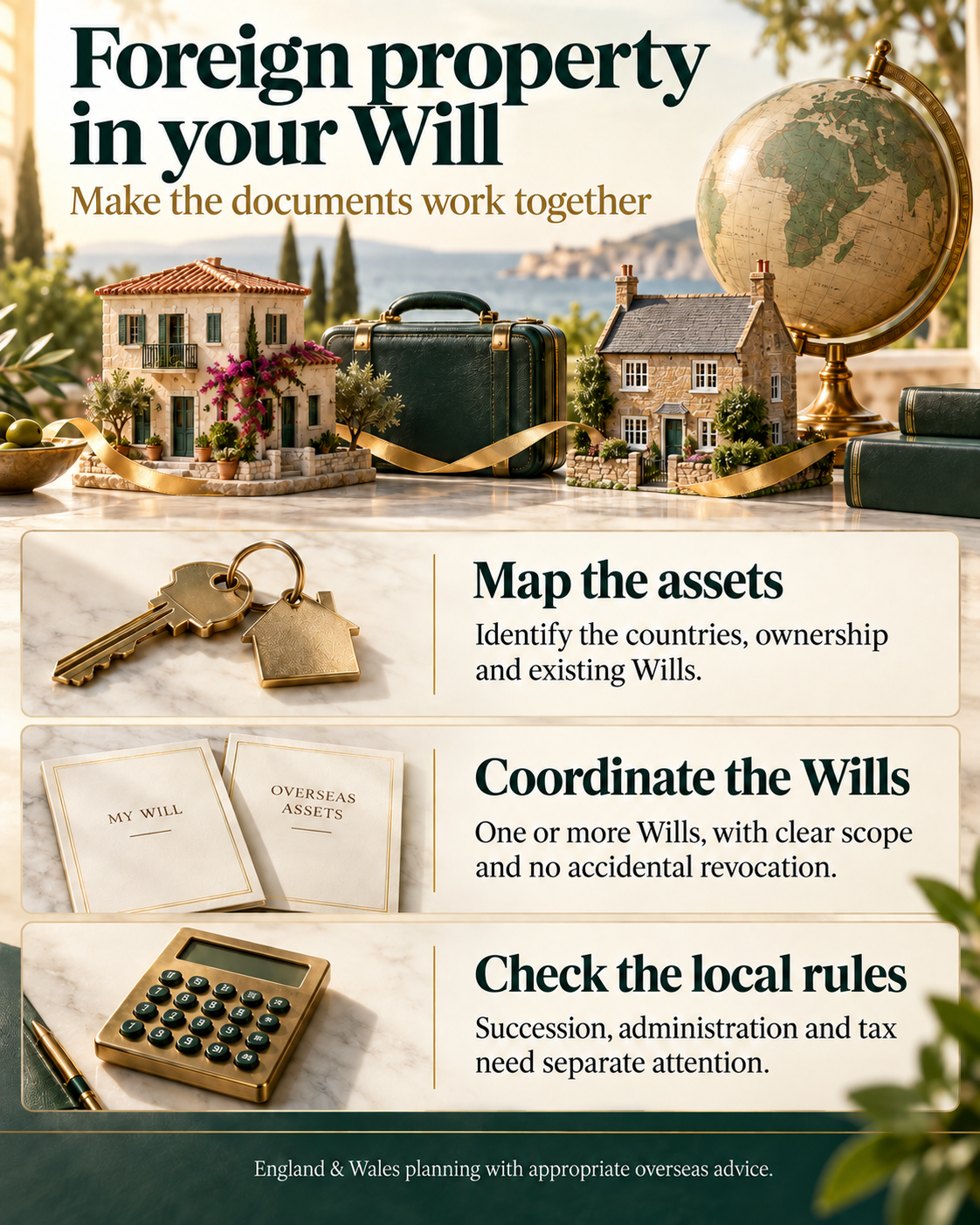 Foreign property planning: identify the countries, assets and existing Wills; coordinate each Will’s scope; and obtain appropriate advice on succession, administration and tax.