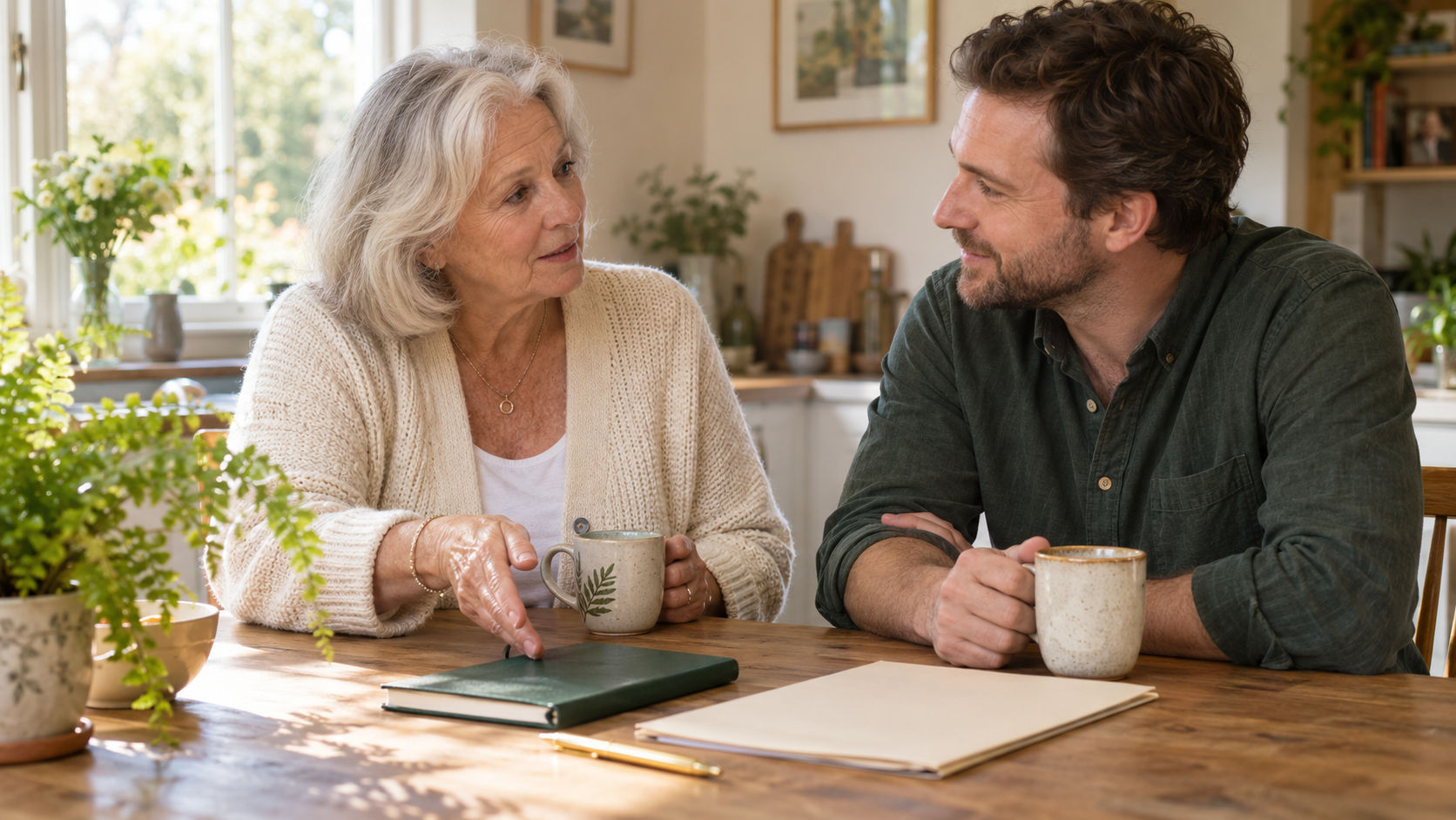 An older woman and an adult family member discuss their plans together at a kitchen table, with a green notebook and cream document folder.
