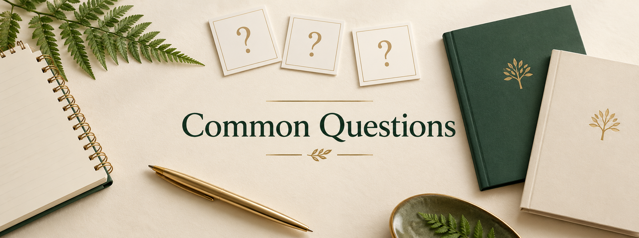 Common Questions graphic with a notebook, question cards and Will and Lasting Power of Attorney booklet in Fern green and gold.