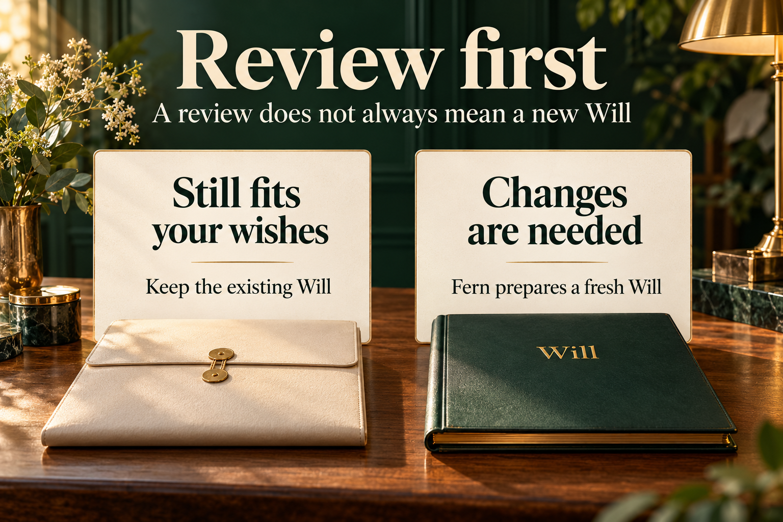 Review first. A review does not always mean a new Will. If the existing Will still fits your wishes, keep it; where changes are needed, Fern prepares a fresh Will.