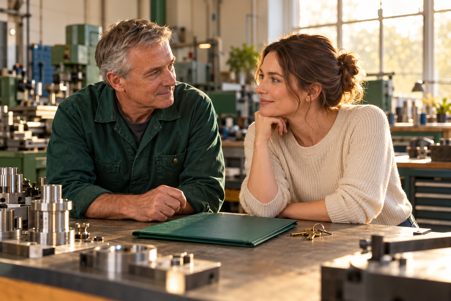 Two family-business owners discussing their plans in an engineering workshop.