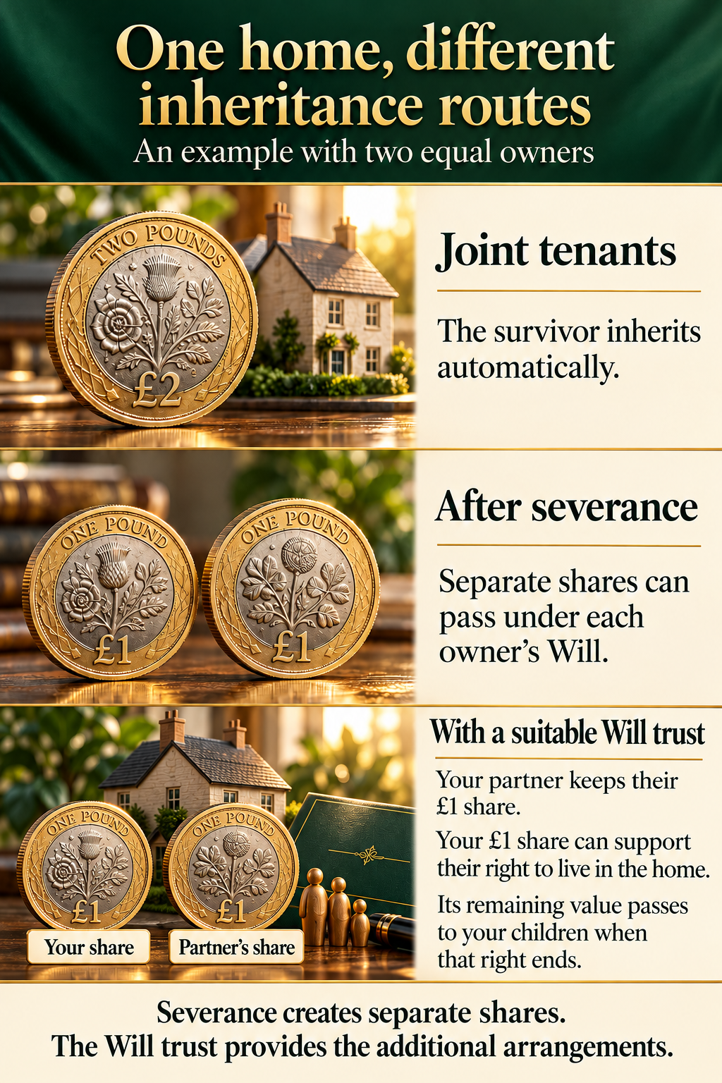 Coin comparison of joint tenants, separate shares after severance, and a Will trust: the survivor keeps their own share and can live in the home, with children inheriting the trust share’s remaining value later.