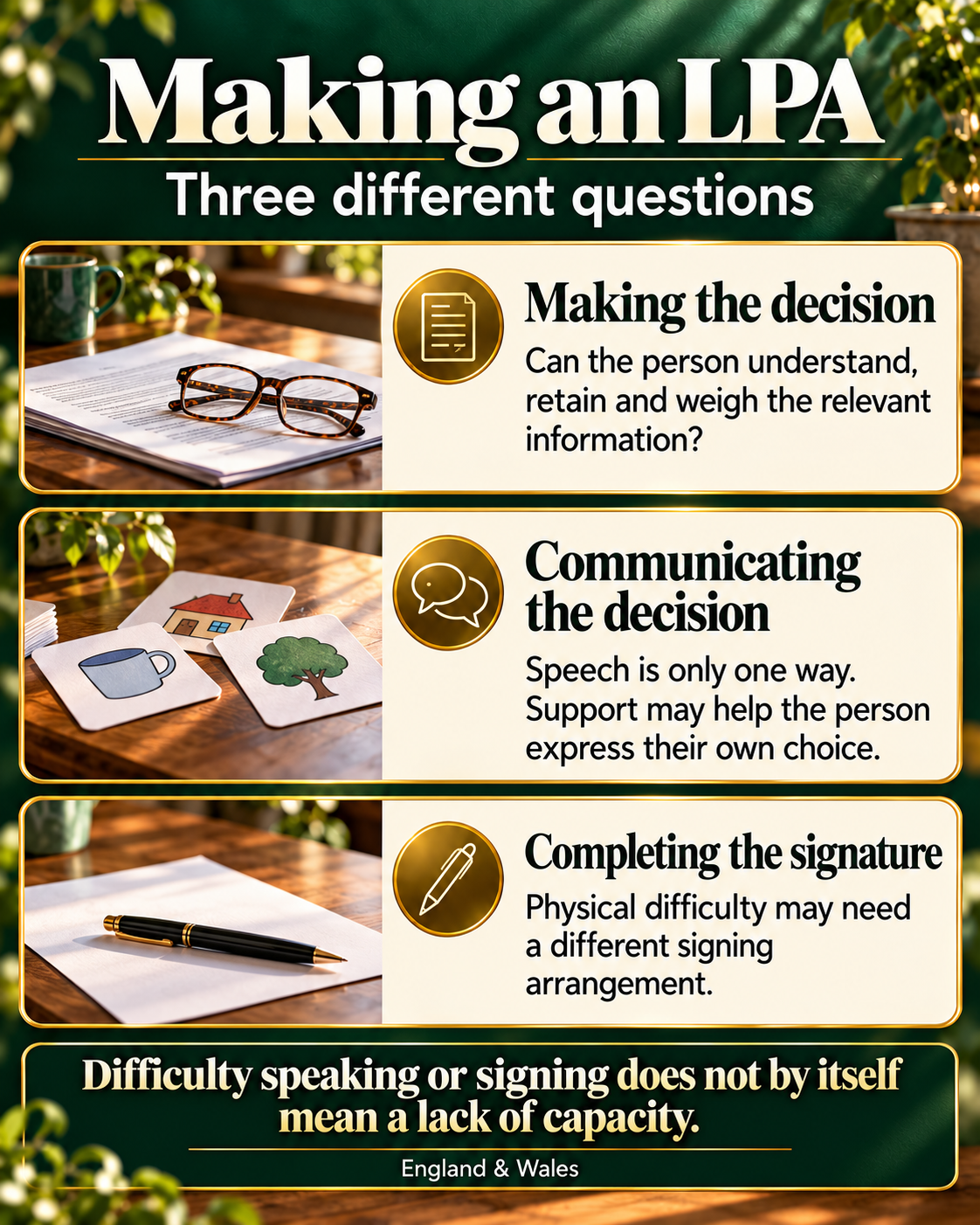 Three questions when making an LPA: making the decision, communicating the decision and completing the signature. Difficulty speaking or signing alone does not establish a lack of capacity.