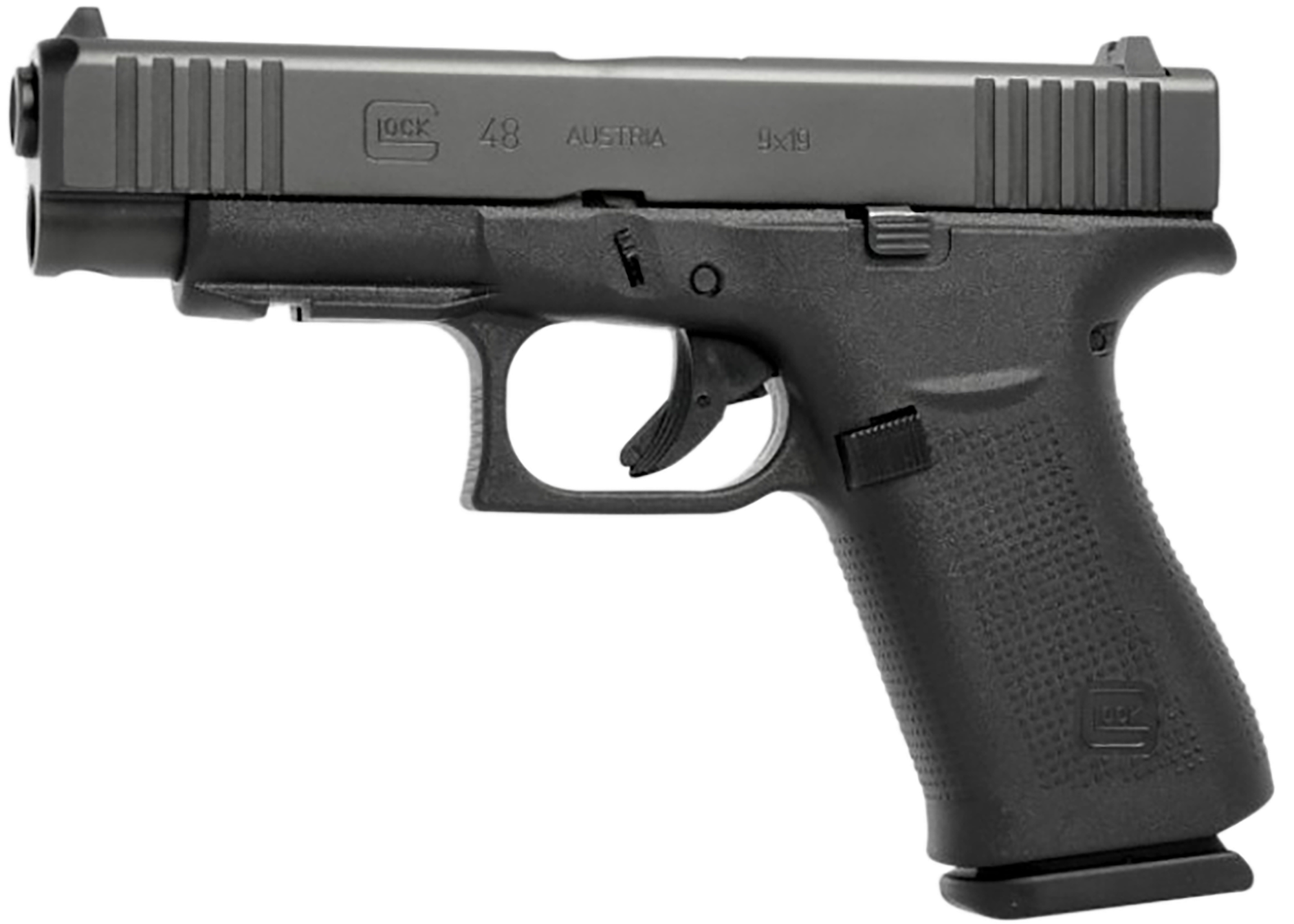 $448.00 cash price. Glock G48 Slim Compact Frame 9mm Luger 10+1 4.17" Black GMB Barrel, Black nDLC Serrated Steel Slide, Black Polymer Frame w/Beavertail & Front Rail, Black Textured Polymer Grip, Right Hand