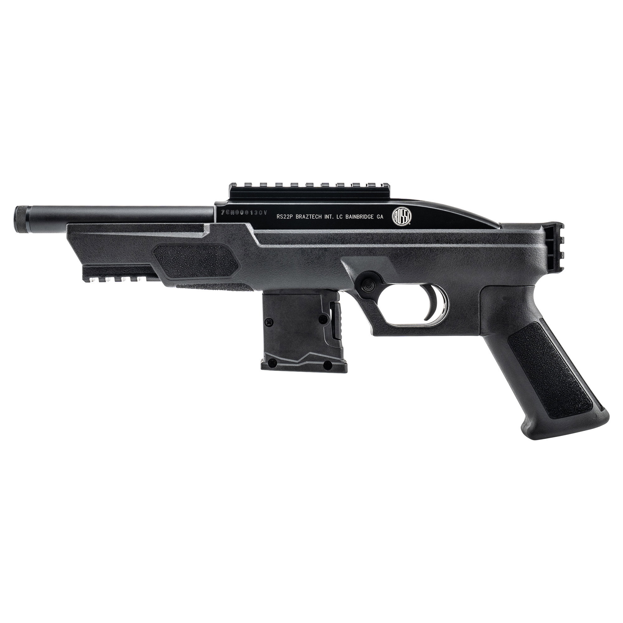 $189.99 cash price. Rossi, RS22 Pistol, Semi-automatic, Polymer Frame Pistol, Compact, 22LR, 6" Threaded Barrel, Matte Finish, Black, AR-style Pistol Grip, Picatinny Rail, Manual Safety, 10 Rounds, 1 Magazine
