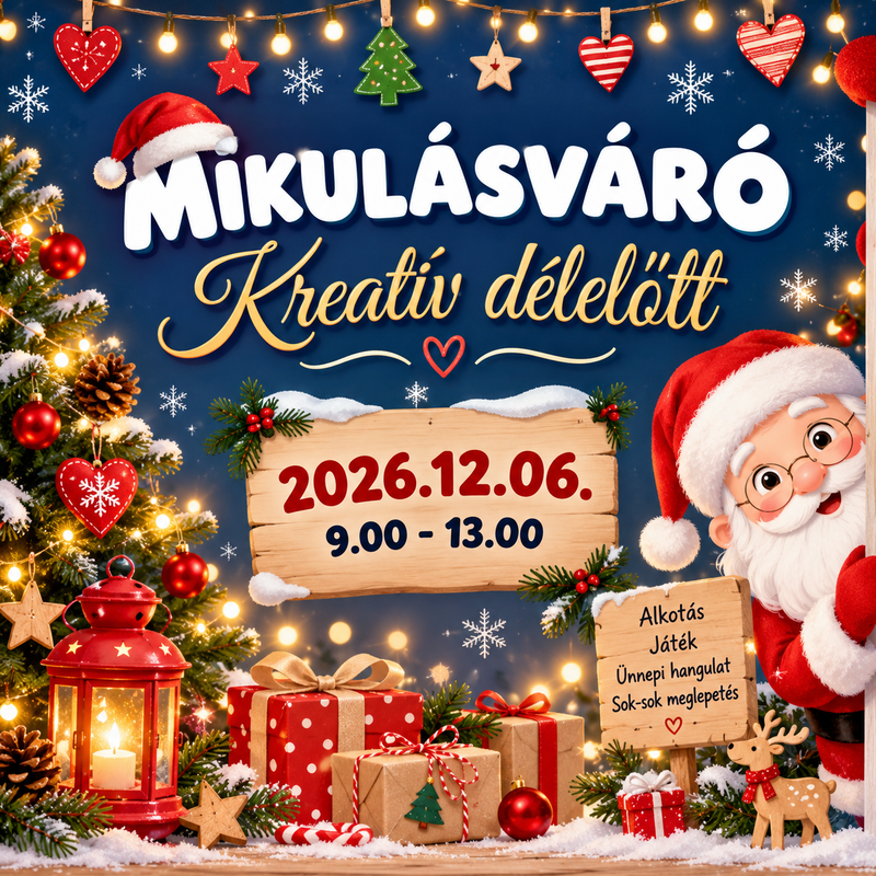 Karácsonyra hangoló kalandos kreatív délelőtt, ahová a Télapó is ellátogat! 2026.12.06-án 9.00-13.00