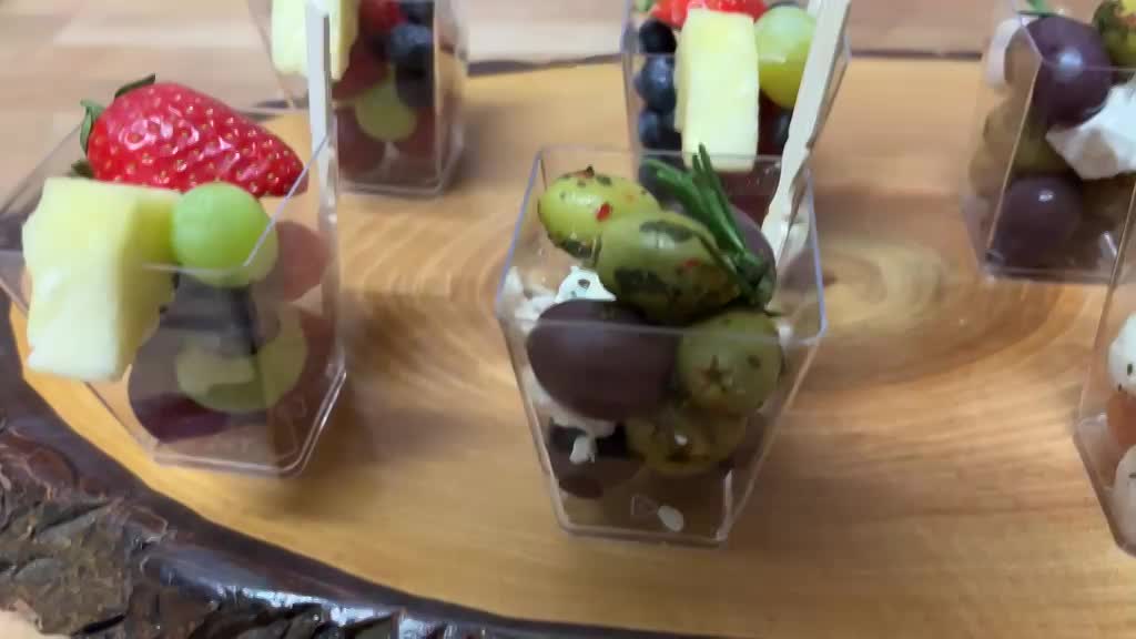 Mini verrines, fruit and antipasti