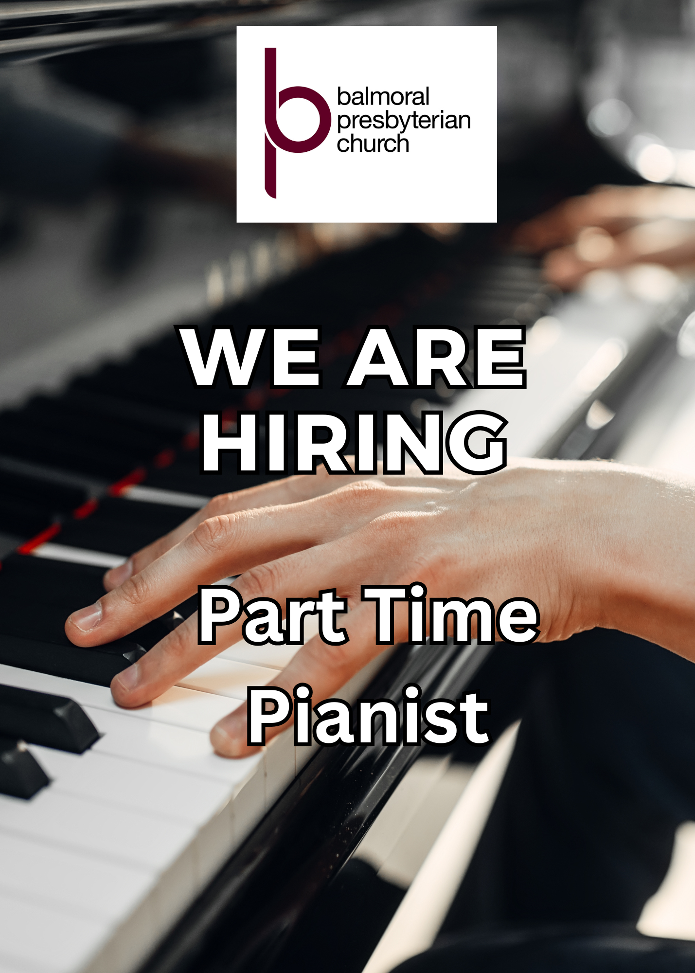 We seek an individual who is interested in:

- Playing for weekly worship services including, hymns, responses, preludes, postludes, etc.

- Accompanying the choir, soloists, and ensembles as needed in worship services
- Accompanying weekly choir rehearsals and other rehearsals as scheduled.

- Playing for special worship services and events.

For more information, contact our Director of Music Ministry at balmoral@balmoralpc.com and put ATTN:  Ben Legett in the subject line.