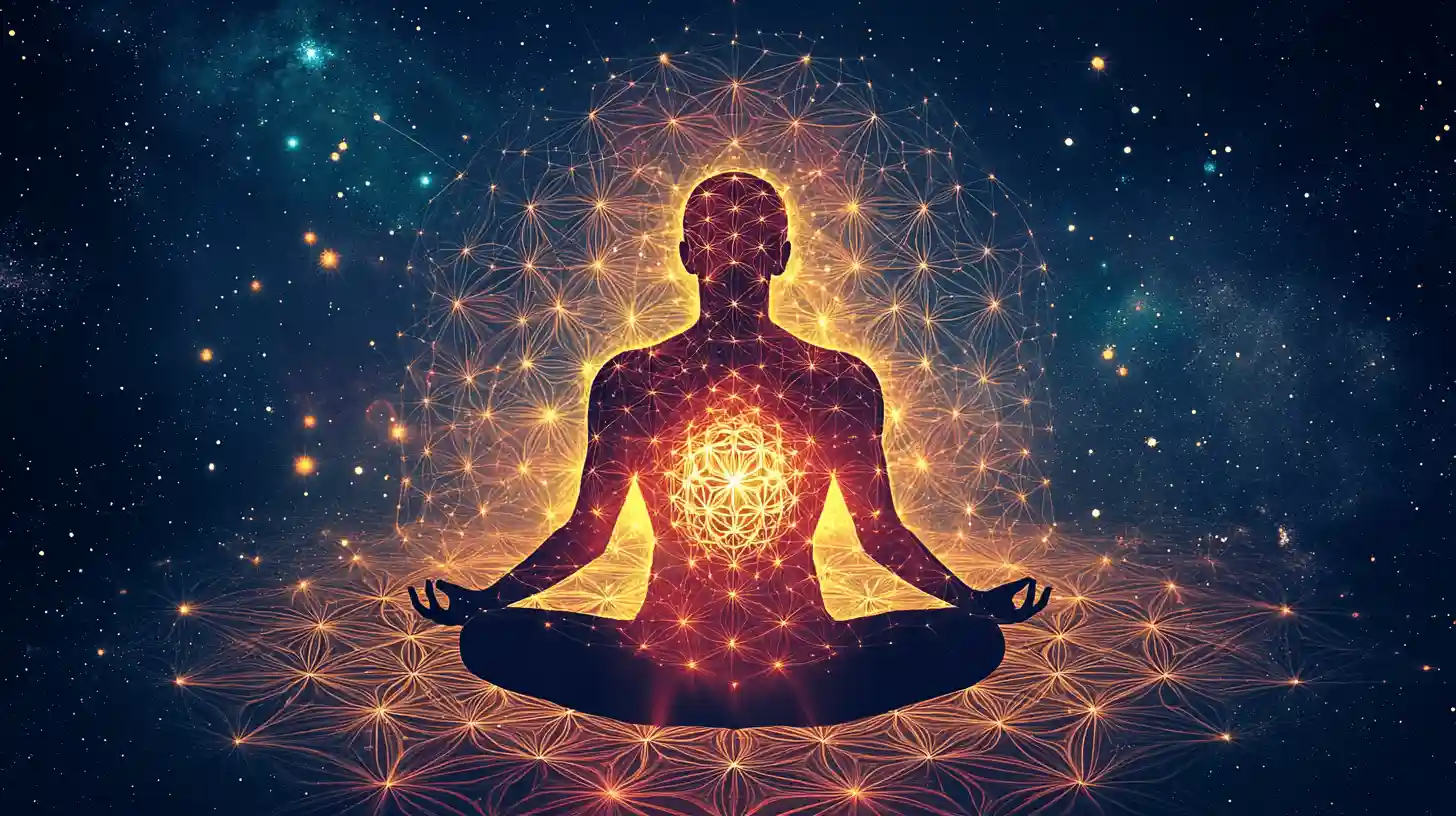 Spirituális ébredés. meditáló alak a mellkasból sugárzó fény – szívcsakra szimbolika