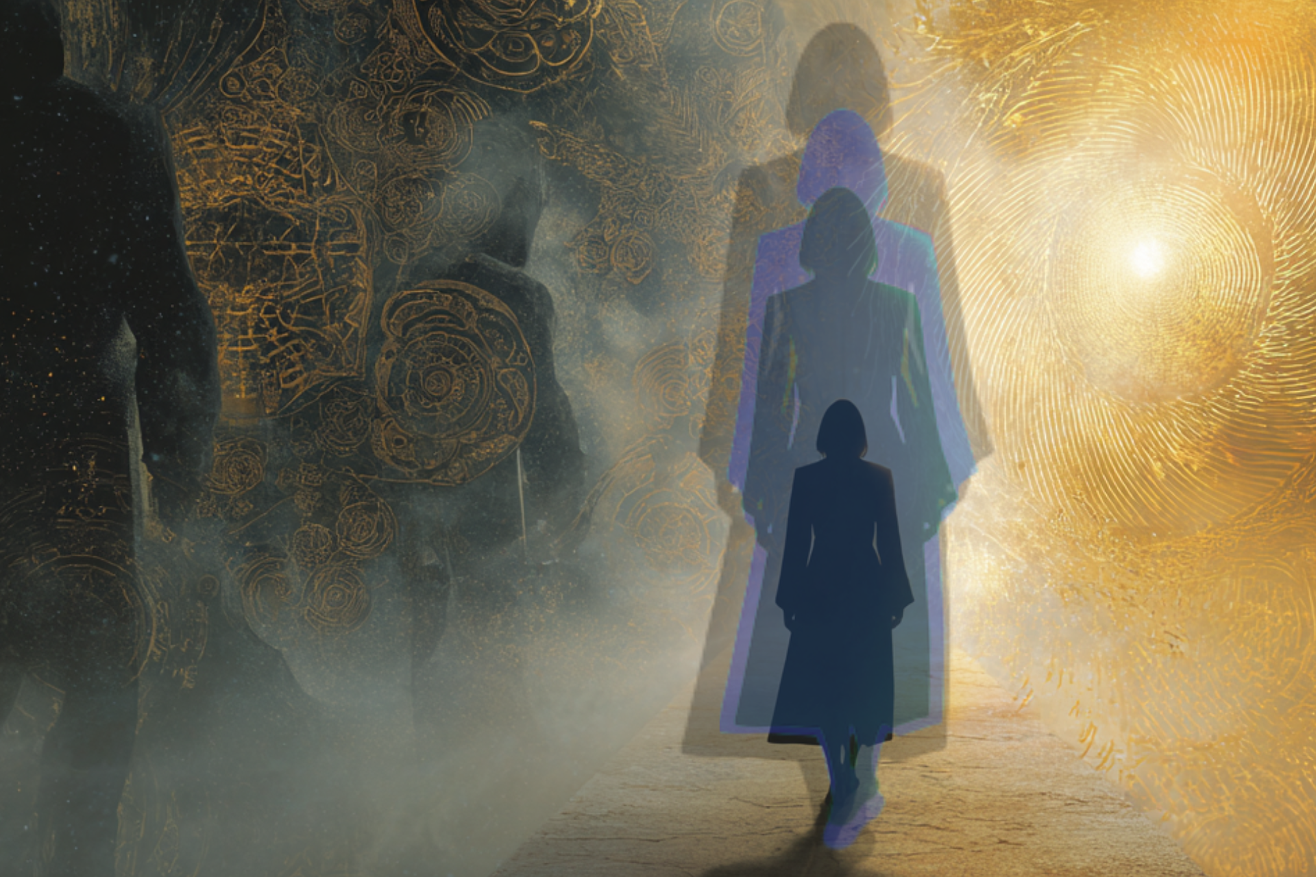 Négy egymásra rétegződő emberalak: a fizikai ember, a családi minták, a lelki szint és a karmikus réteg – a családállítás, lélekállítás és karmaállítás vizuális átmenete