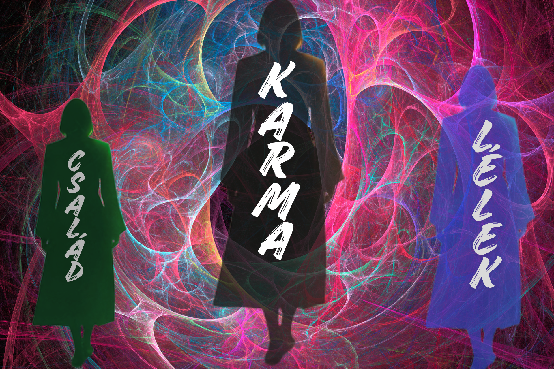 Gomolygó lila, rózsaszín és halványkék energiák között három rétegzett alak: a zöld ‘család’ figura a családállítást, a kék ‘lélek’ alak a lélekállítást, a nagy áttetsző forma pedig a ‘karma’ karmikus szintjét jelképezi.