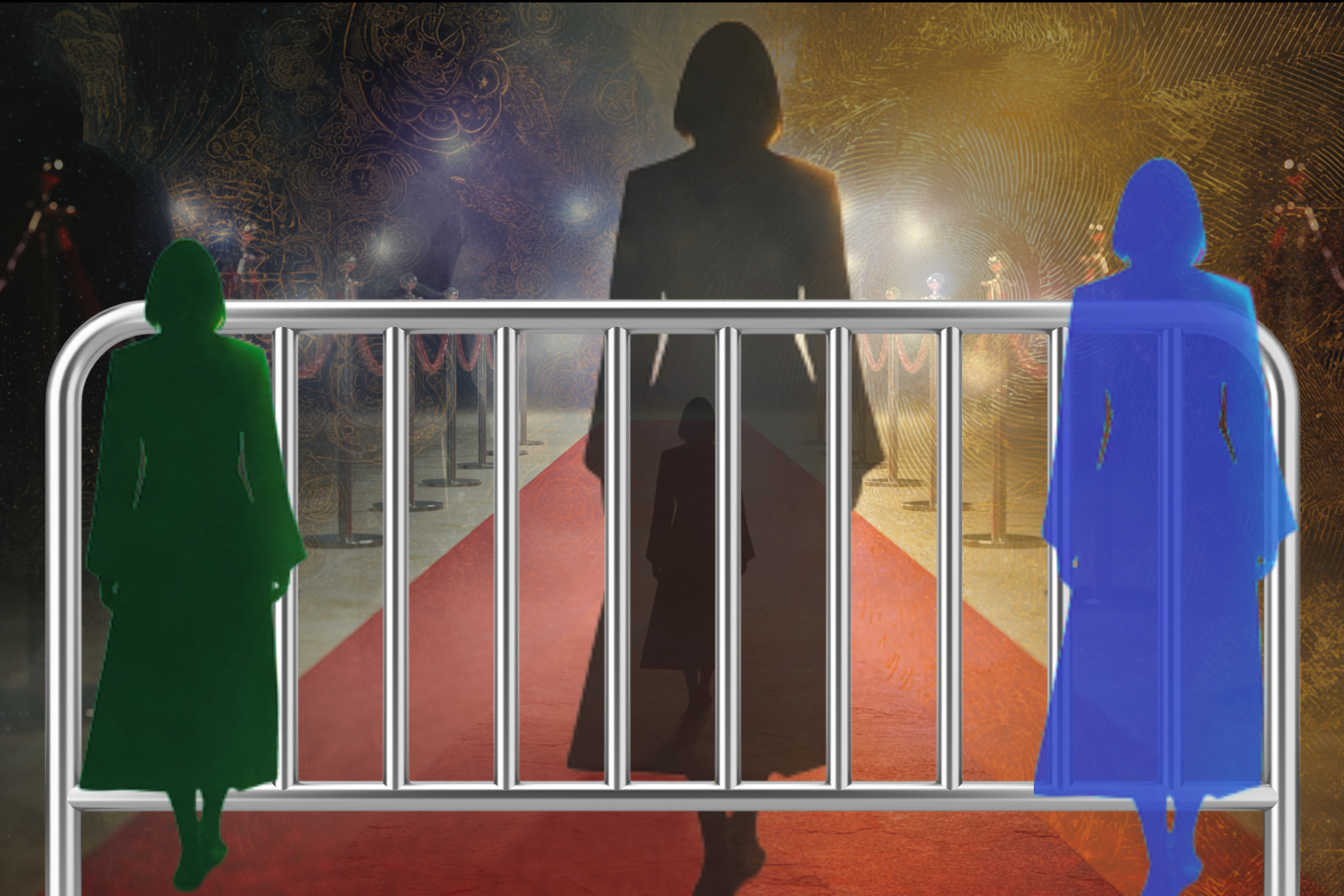 Családállítás és lélekállítás alakjai a kordon előtt, mögöttük a karmikus szintet megjelenítő figura vörös szőnyegen, jelezve a lélek útjának kiteljesedését