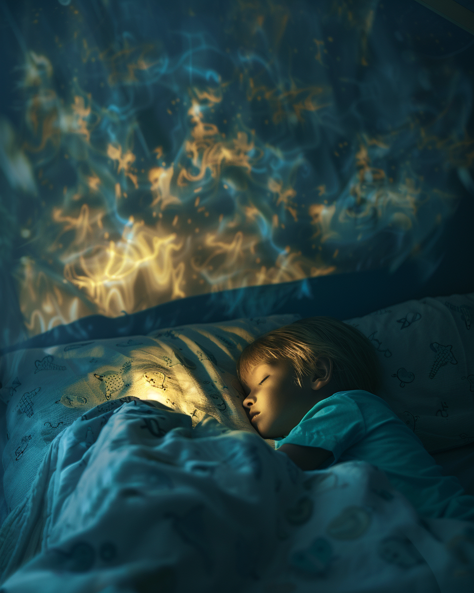 Gyermek az ágyban, körülötte lágy fények és árnyékok, éjszakai szoba, finom energiák érzékeltetése, a félelem és biztonság vizuális kettőssége