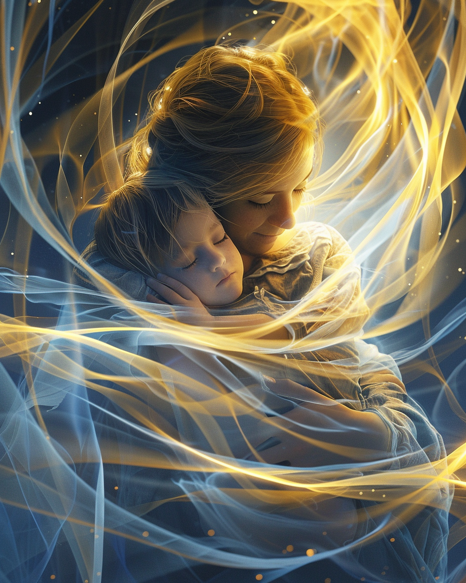 Gyermek békésen alszik körülötte fehér-arany fényburok és mintázatok, spirituális védelmi tér, éjszakai nyugalom