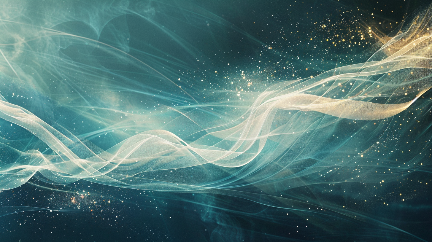 Absztrakt spirituális tér, áramló fényvonalak, türkiz és mélykék tónusok, fehér-arany energiák, a lélek térképe és teremtésének szimbolikus ábrázolása