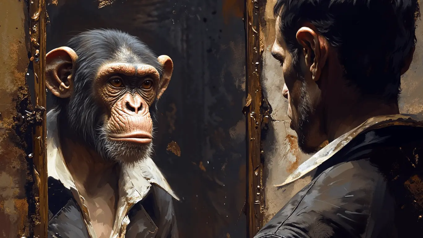 A karma cselekedeteink türképe, ezt szimbolizálja a férfi majom arca a tükörben