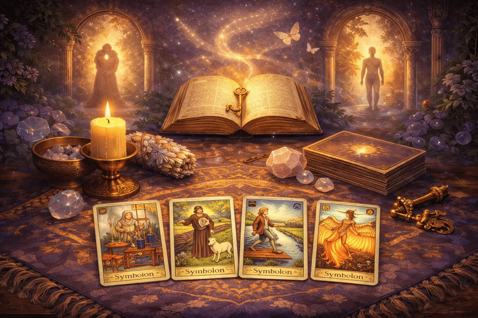 Symbolon kártya önismerethez, tudattalan minták és belső lelki folyamatok szimbolikus ábrázolása, misztikus lilás-kék tónusban