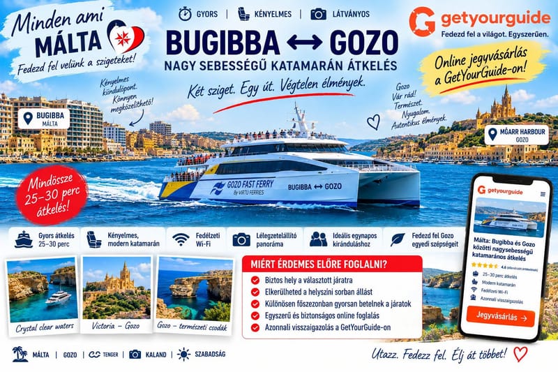 Málta: Nagy sebességű katamarános átkelés Bugibba és Gozo között.