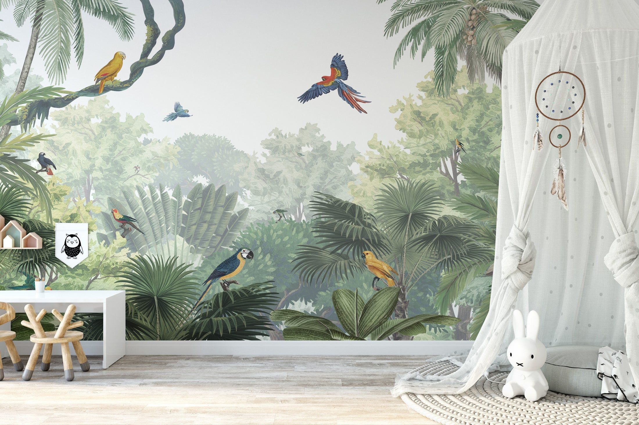 Canopy Jungle Natural Tropical Wallpaper Mural featuring dense green rainforest leaves for living rooms