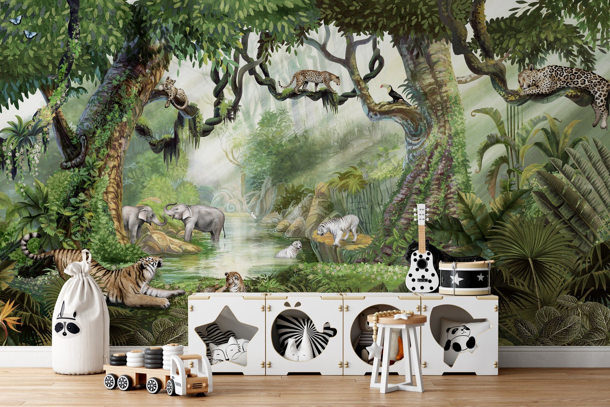 Jungle Cats Wallpaper Mural with hidden leopards and tigers in tropical foliage for teen rooms