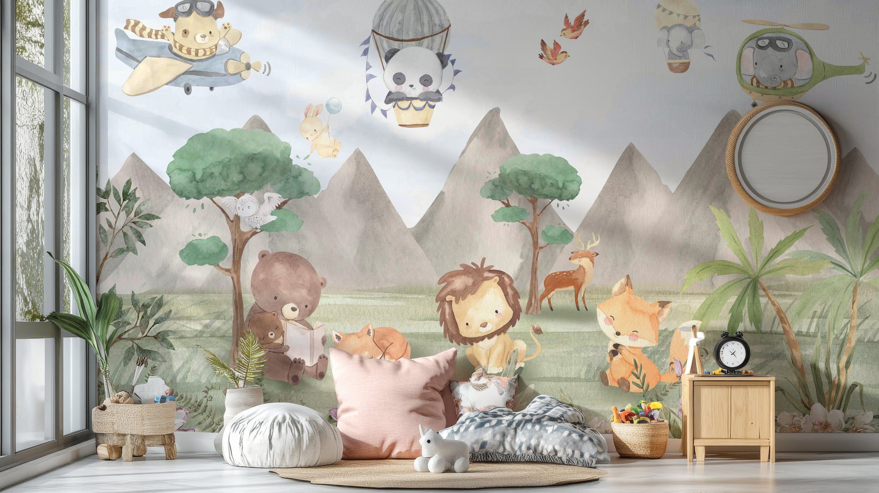Playful Animals Forest Wall Mural with cute cartoon jungle animals for nursery decor