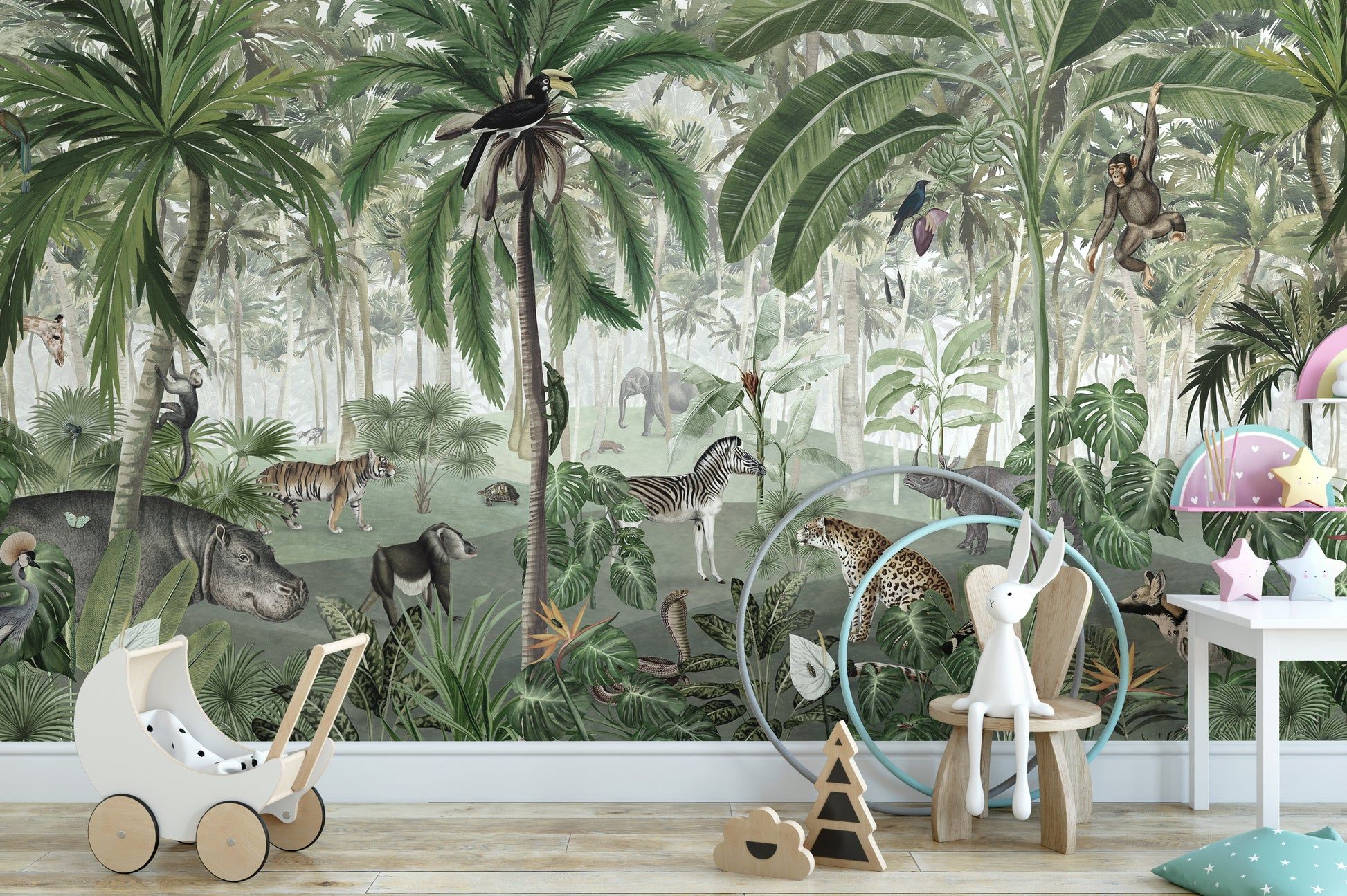 Jungle Lookbook wallpaper mural featuring educational botanical illustrations for kids playrooms