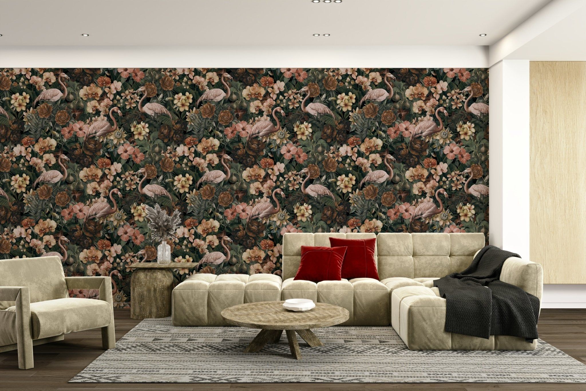 Flamingo Floral Tropical Dreamscape wallpaper with peach and green watercolor tones for chic bedrooms