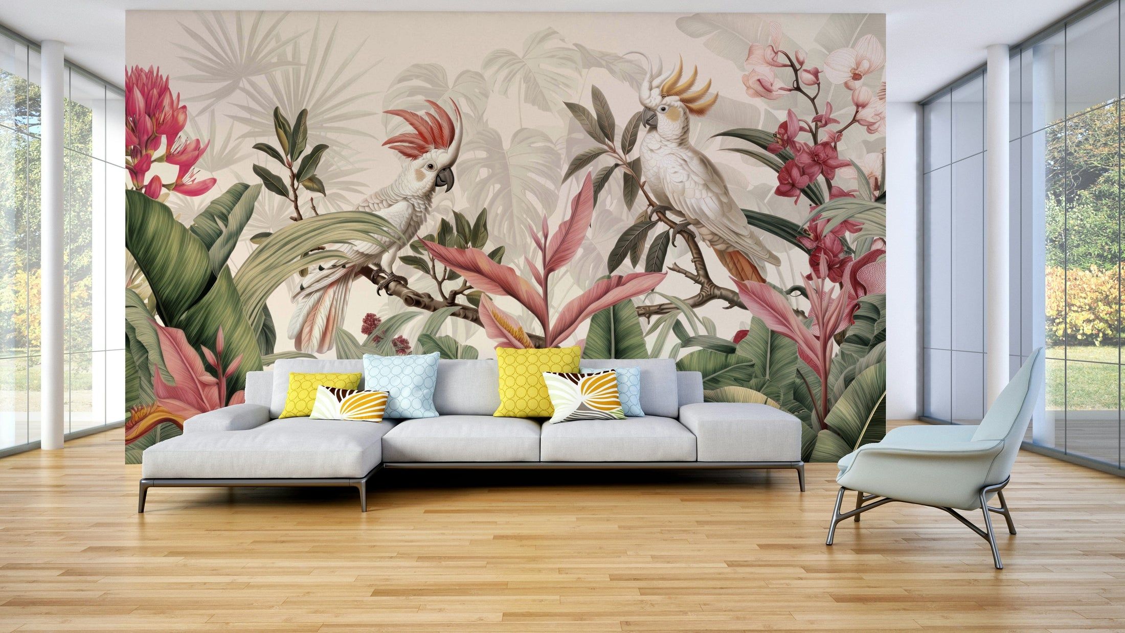 Tropical Cockatoo Birds Forgotten Paradise wall mural showing vintage ruins and exotic birds