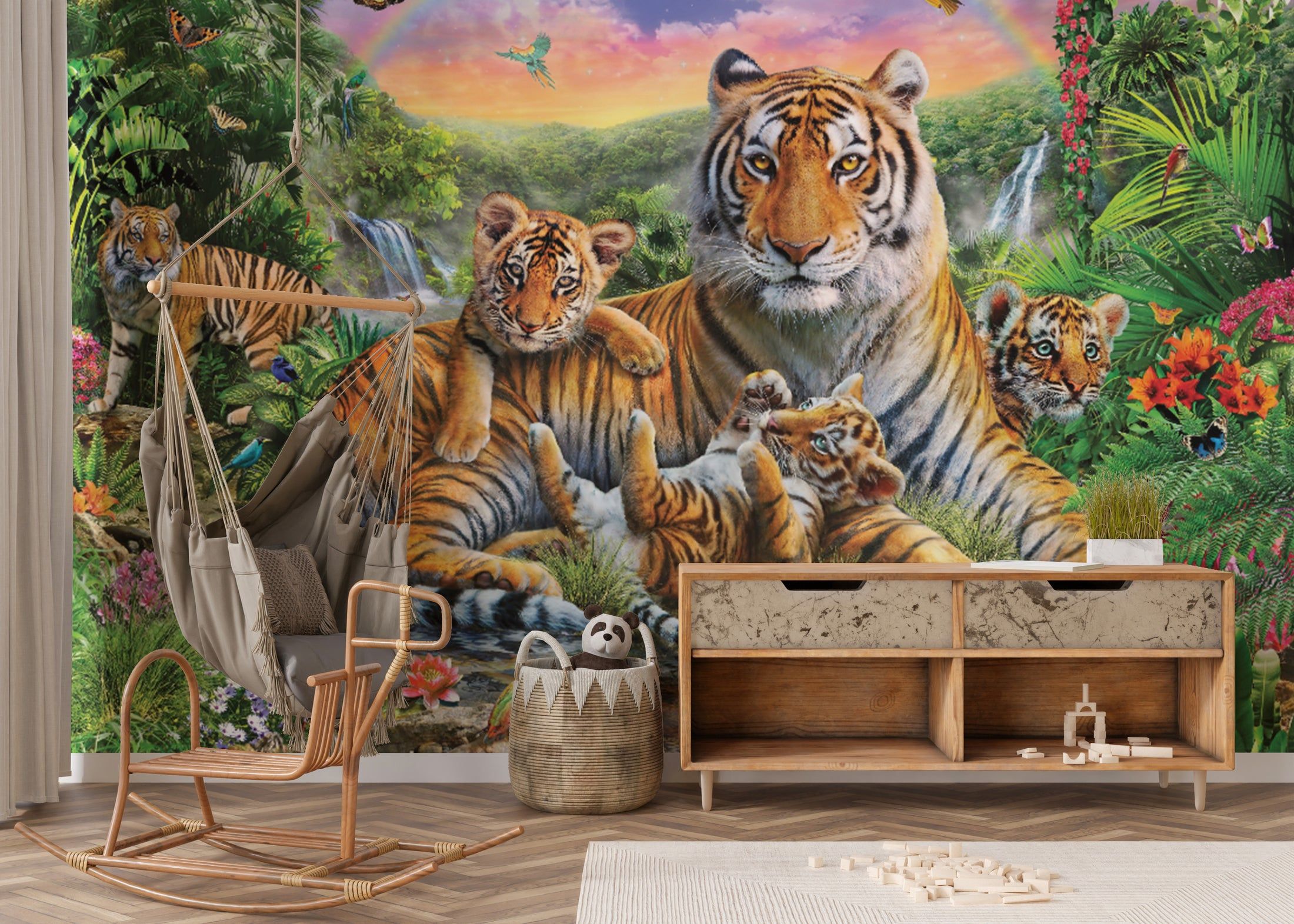 Majestic tiger wallpaper mural with dark tropical foliage and golden accents for a bold living room feature wall.