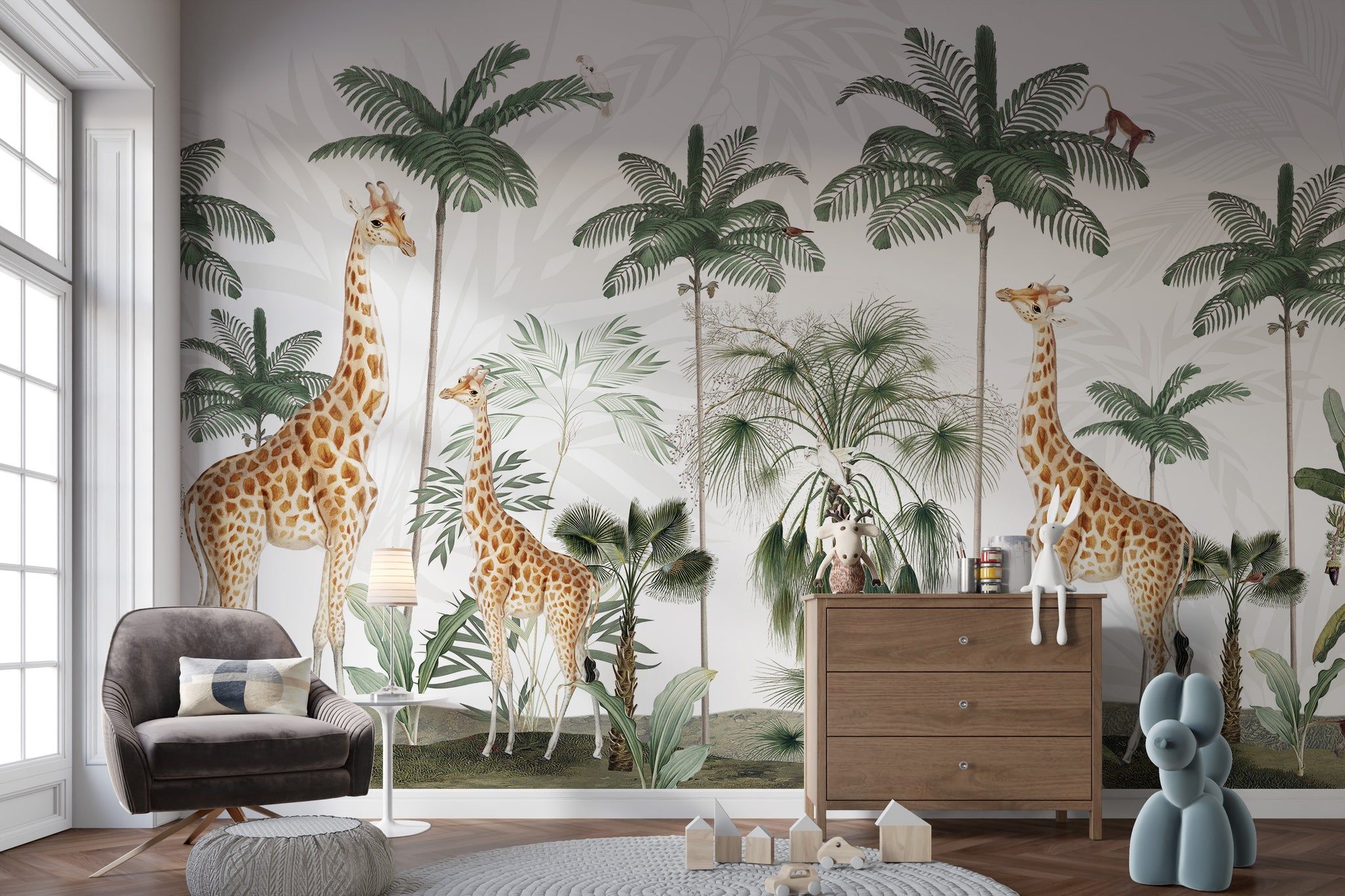 Artistic giraffe wallpaper mural with tall African animals in a soft, neutral landscape for modern home decor.