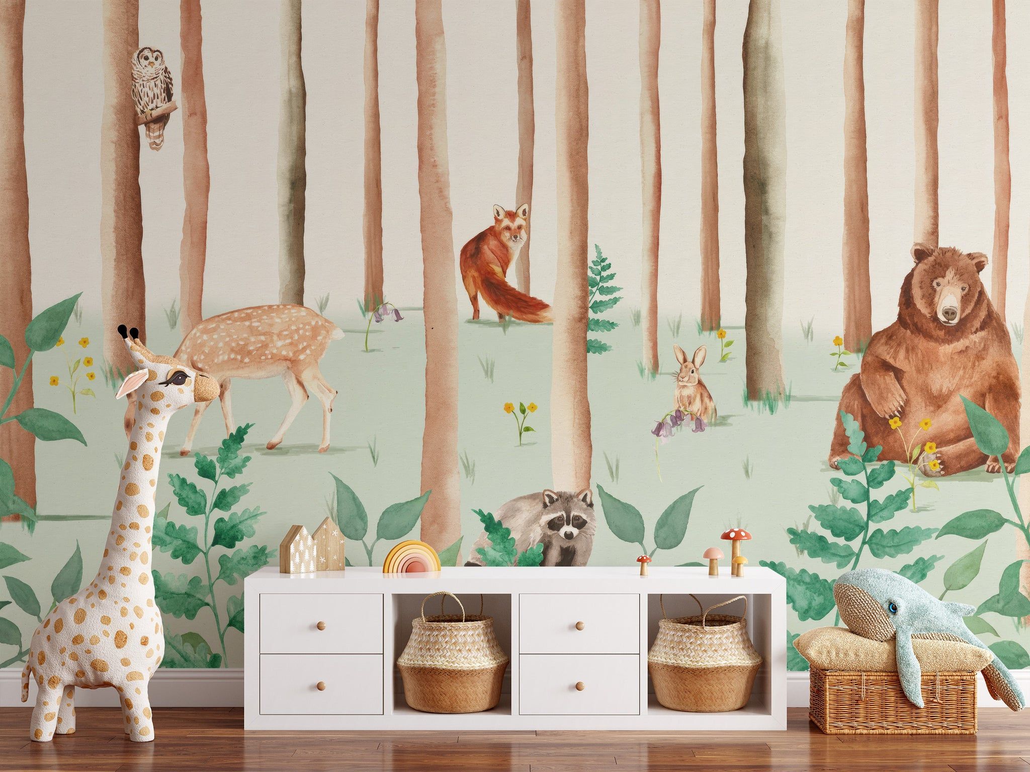 Whimsical storybook wildlife wall mural featuring hand-drawn forest animals for a playful children's playroom or bedroom.