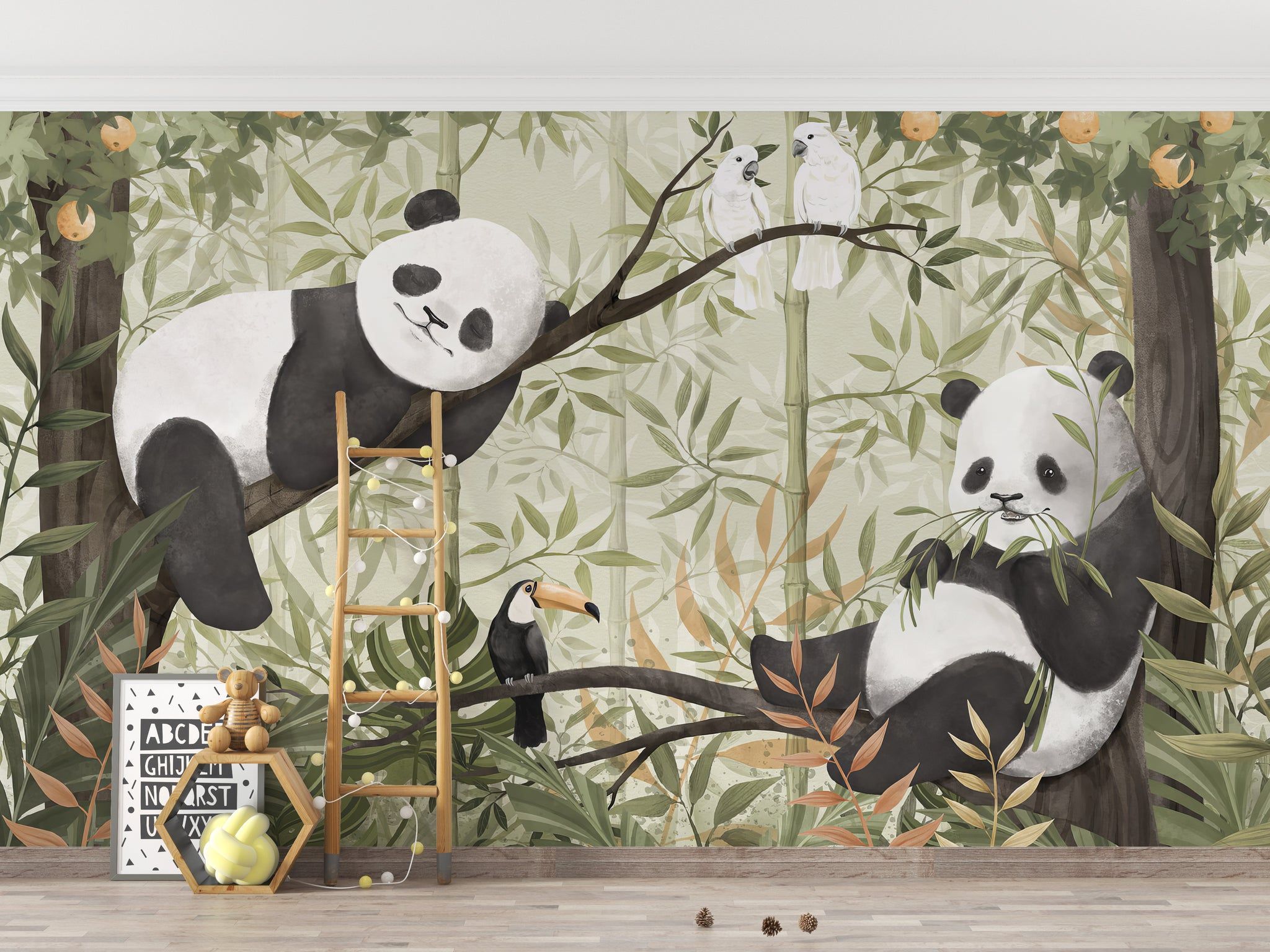 Serene panda wallpaper mural featuring bamboo forests and soft green tones, perfect for a calming nursery or bedroom.